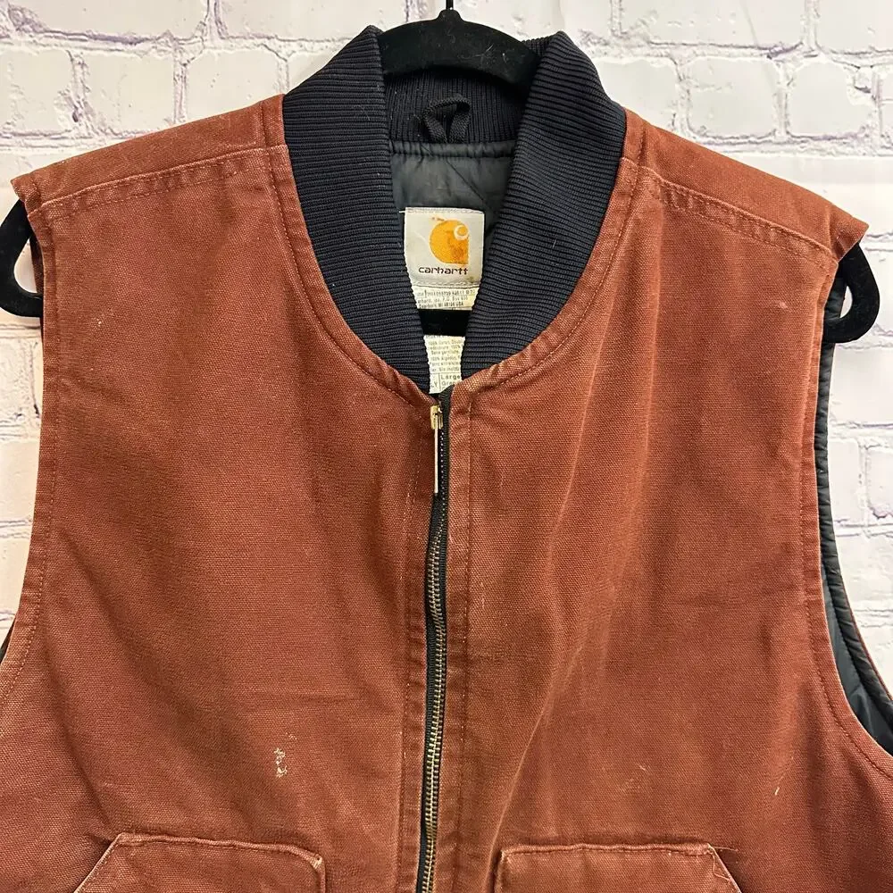 Vintage Carhartt Clay Red Quilted Duck Canvas Workwear Vest Men's Large V02 CLY